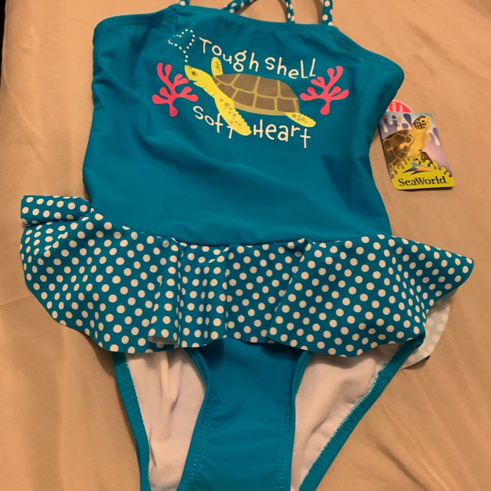 Blue and white dot 3T swimsuit girls ruffle turtle
